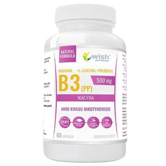 Wish Witamina B3 (PP) Niacyna 500 mg + Prebiotyk + L-Leucyna Vege, 60 kapsułek - zdjęcie produktu