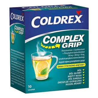 Coldrex Complex Grip 500 mg + 200 mg + 10 mg, proszek do sporządzania roztworu doustnego, smak cytrynowo-miętowy, 10 saszetek - zdjęcie produktu