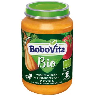BoboVita, Obiadek Bio, wołowinka w pomidorach z dynią i makaronem gwiazdki, po 8 miesiącu, 190 g - zdjęcie produktu