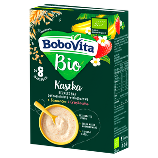 BoboVita Bio Kaszka pełnoziarnista wielozbożowa z bananem i truskawką, bezmleczna, bez dodatku cukru, po 8 miesiącu, 200 g - zdjęcie produktu