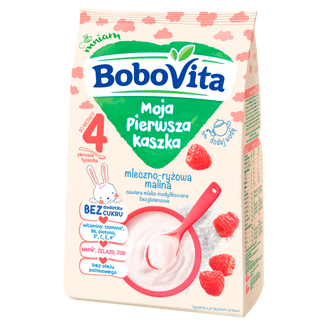BoboVita Moja Pierwsza Kaszka mleczno-ryżowa, malina, bezglutenowa, bez dodatku cukru, po 4 miesiącu, 230 g - zdjęcie produktu