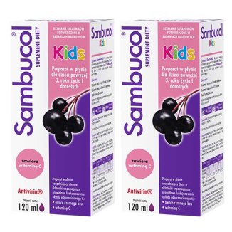 Zestaw Sambucol Kids, płyn dla dzieci po 3 roku życia i dorosłych, 2 x 120 ml - zdjęcie produktu