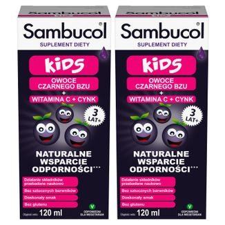 Zestaw Sambucol Kids, płyn dla dzieci po 3 roku życia i dorosłych, 2 x 120 ml - zdjęcie produktu