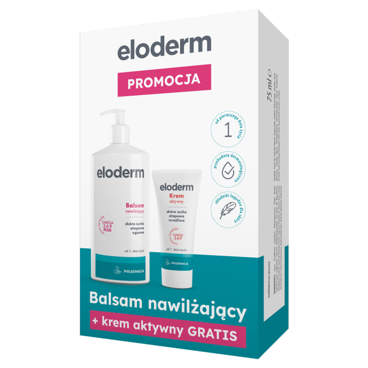 Eloderm Eloderm, balsam do ciała, nawilżający, od 1 dnia życia, 400 ml + dodatkowo krem aktywny od 1 dnia życia, 75 ml