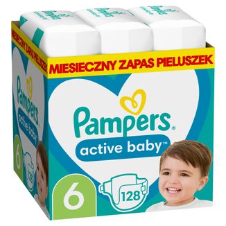 Pampers Active Baby, pieluchy rozmiar 6, 13-18 kg, 128 sztuk USZKODZONE OPAKOWANIE - zdjęcie produktu
