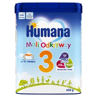 Humana 3 Mali Odkrywcy, napój mleczny w proszku z mlekiem odtłuszczonym i olejami roślinnymi, po 12 miesiącu, 650 g KRÓTKA DATA - zdjęcie produktu