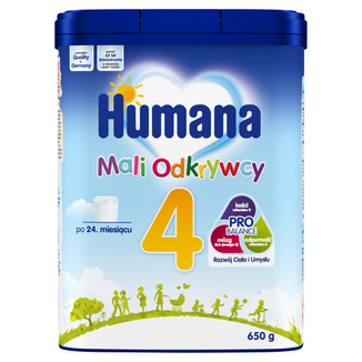 Humana 4 Mali Odkrywcy, napój mleczny w proszku z mlekiem odtłuszczonym i olejami roślinnymi, po 24 miesiącu, 650 g KRÓTKA DATA - zdjęcie produktu