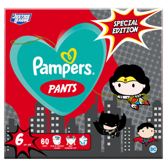 Pampers Pants, pieluchomajtki, Justice League, rozmiar 6, 15+ kg, 60 sztuk - zdjęcie produktu