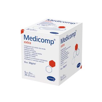 Medicomp Extra, kompresy jałowe, włókninowe, 6-warstwowe, 30 g/m2, 5 cm x 5 cm, 50 sztuk USZKODZONE OPAKOWANIE - zdjęcie produktu