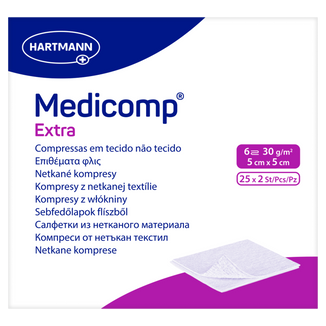 Medicomp Extra, kompresy jałowe, włókninowe, 6-warstwowe, 30 g/m2, 5 cm x 5 cm, 50 sztuk - zdjęcie produktu