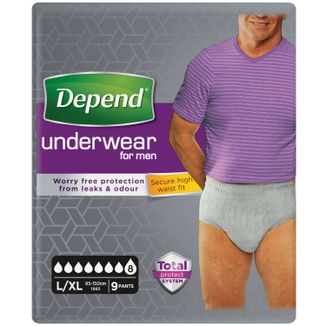 Depend Pants Male, majtki na nietrzymanie moczu dla mężczyzn, rozmiar L/XL, Super, 9 sztuk  - zdjęcie produktu
