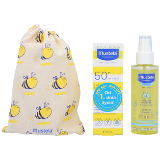 Zestaw Mustela Sun, Maluszek w podróży - skóra sucha, mleczko przeciwsłoneczne, SPF 50, 40 ml + olejek do masażu, 100 ml KRÓTKA DATA - zdjęcie produktu