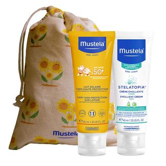Zestaw Mustela Sun, Maluszek w podróży - skóra skłonna do atopii, mleczko przeciwsłoneczne, SPF 50, 40 ml + Stelatopia, krem do twarzy, 40 ml - zdjęcie produktu