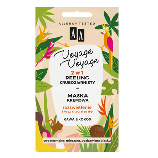 AA Voyage Voyage, 2w1, peeling gruboziarnisty + maska kremowa, rozświetlenie i wzmocnienie, kawa i kokos, 2 x 5 ml - zdjęcie produktu