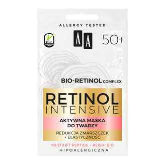 AA Retinol Intensive 50+, aktywna maska do twarzy, redukcja zmarszczek i elastyczność, hipoalergiczna, 2 x 5 ml - zdjęcie produktu