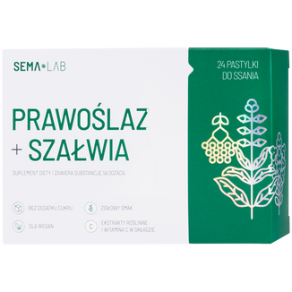 SEMA Lab Prawoślaz + Szałwia, 24 tabletki do ssania USZKODZONE OPAKOWANIE SEMA Lab Prawoślaz + Szałwia, 24 tabletki do ssania USZKODZONE OPAKOWANIE - zdjęcie produktu