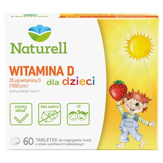 Naturell Witamina D dla dzieci, smak waniliowo-truskawkowy, od 3 lat, 60 tabletek do rozgryzania i żucia USZKODZONE OPAKOWANIE - zdjęcie produktu