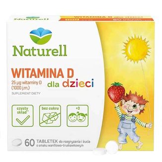Naturell Witamina D dla Dzieci 1000 j.m., smak waniliowo-truskawkowy, 60 tabletek do rozgryzania i żucia - zdjęcie produktu