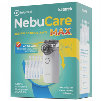 NebuCare Max, zestaw do nebulizacji niemowląt i dzieci, Helpmedi, nebulizator siateczkowy + Katarek, roztwór soli fizjologiczny NaCl 0,9%, 5 ml x 40 ampułek USZKODZONE OPAKOWANIE - zdjęcie produktu