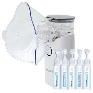 NebuCare Max, zestaw do nebulizacji niemowląt i dzieci, Helpmedi, nebulizator siateczkowy + Katarek, roztwór soli fizjologiczny NaCl 0,9%, 5 ml x 40 ampułek - zdjęcie produktu