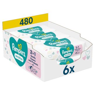 Pampers Sensitive, chusteczki nawilżane, 6 x 80 sztuk USZKODZONE OPAKOWANIE - zdjęcie produktu