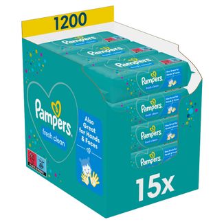Pampers Fresh Clean, chusteczki nawilżane, 15 x 80 sztuk USZKODZONE OPAKOWANIE - zdjęcie produktu