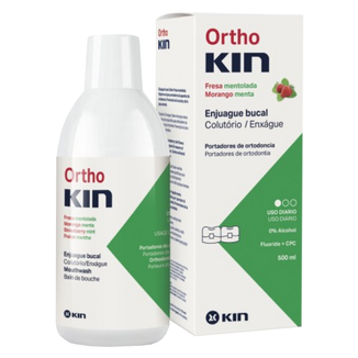 KIN Orthokin, płyn do płukania jamy ustnej dla osób z aparatami ortodontycznymi, smak miętowo-truskawkowy, 500 ml - zdjęcie produktu