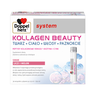 Doppelherz System Kollagen Beauty, smak liczi i melona, 25 ml x 30 ampułek - zdjęcie produktu