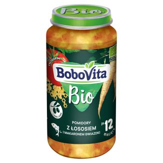 BoboVita Bio Obiadek, pomidory z łososiem i makaronem gwiazdki, po 12 miesiącu, 250 g - zdjęcie produktu
