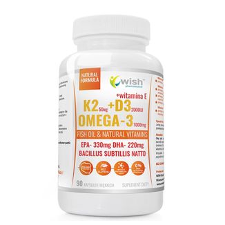 Wish K2 50 µg +D3 2000 IU+ Omega-3 1000 mg + witamina E, 90 kapsułek miękkich - zdjęcie produktu