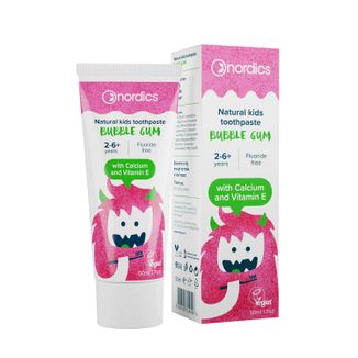 Nordics Bubble Gum, naturalna pasta do zębów dla dzieci, 2-6 lat, wapń i witamina E, bez fluoru, 75 ml - zdjęcie produktu