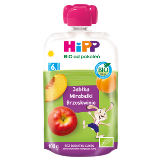 HiPP HiPPiS Mus owocowy Bio, jabłka, brzoskwinie, mirabelki, po 6 miesiącu, 100 g KRÓTKA DATA - zdjęcie produktu