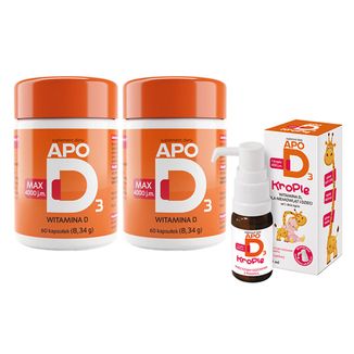 ApoD3 Max 4000 j.m., 2 x 60 kapsułek + ApoD3 Krople, witamina D3 400 j.m. dla niemowląt i dzieci, 10 ml - zdjęcie produktu