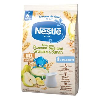 Nestle Kaszka pszenno-owsiana, gruszka-banan, mleczna, bez dodatku cukru, po 6 miesiącu, 180 g - zdjęcie produktu
