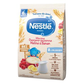 Nestle Kaszka owsiano-pszenna, malina-banan, mleczna, bez dodatku cukru, po 6 miesiącu, 180 g - zdjęcie produktu