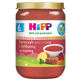 HiPP Zupka Bio, barszczyk czerwony z delikatną wołowiną, po 6 miesiącu, 190 g - zdjęcie produktu