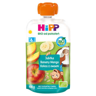 HiPP Owoce i Zboża Bio, jabłka, banany, mango i kokos, po 6 miesiącu, 100 g - zdjęcie produktu