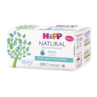 HiPP BabySanft Natural Aqua, chusteczki nawilżane, biodegradowalne, od 1 dnia życia, 2 x 60 sztuk - zdjęcie produktu