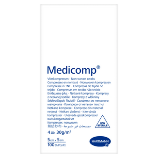Medicomp, kompresy niejałowe, włókninowe, 4-warstwowe, 30 g/m2, 5 cm x 5 cm, 100 sztuk USZKODZONE OPAKOWANIE Medicomp, kompresy niejałowe, włókninowe, 4-warstwowe, 30 g/m2, 5 cm x 5 cm, 100 sztuk USZKODZONE OPAKOWANIE - zdjęcie produktu