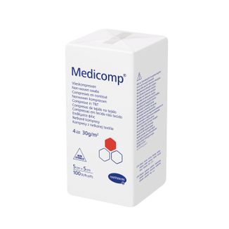 Medicomp, kompresy niejałowe, włókninowe, 4-warstwowe, 30 g/m2, 5 cm x 5 cm, 100 sztuk - zdjęcie produktu