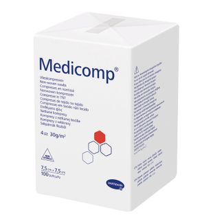 Medicomp, kompresy niejałowe, włókninowe, 4-warstwowe, 30 g/m2, 7,5 cm x 7,5 cm, 100 sztuk - zdjęcie produktu