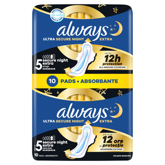 Always Ultra Secure Night, podpaski ze skrzydełkami, rozmiar 5, Extra, 10 sztuk Always Ultra Secure Night, podpaski ze skrzydełkami, rozmiar 5, Extra, 10 sztuk - zdjęcie produktu