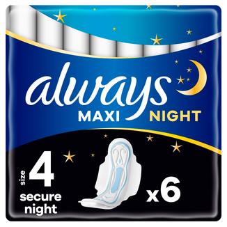 Always Secure Night, podpaski ze skrzydełkami, rozmiar 4, Maxi, 6 sztuk - zdjęcie produktu