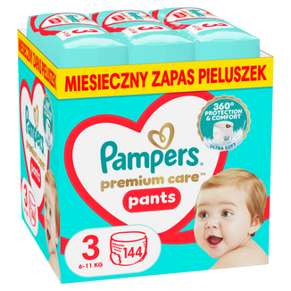 Pampers Premium Care Pants 3 (6-11 kg), pieluchomajtki, 144 sztuki USZKODZONE OPAKOWANIE Pampers Premium Care Pants 3 (6-11 kg), pieluchomajtki, 144 sztuki USZKODZONE OPAKOWANIE - zdjęcie produktu