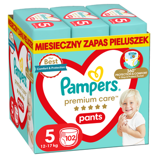 Pampers Premium Care Pants, pieluchomajtki, rozmiar 5, 12-17 kg, 102 sztuki USZKODZONE OPAKOWANIE - zdjęcie produktu