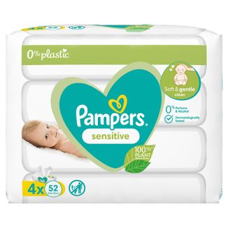 Pampers Sensitive, chusteczki nawilżane, delikatna skóra dzieci i niemowląt, 4 x 52 sztuki - zdjęcie produktu