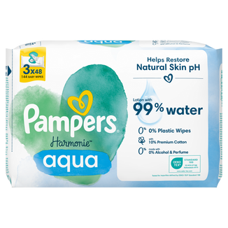 Pampers Harmonie Aqua, chusteczki nawilżane, 3 x 48 sztuk USZKODZONE OPAKOWANIE - zdjęcie produktu
