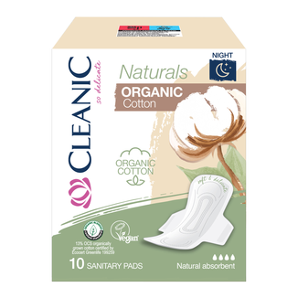 Cleanic Naturals Organic Cotton, podpaski higieniczne z bawełną organiczną, ze skrzydełkami, Night, 10 sztuk   - zdjęcie produktu