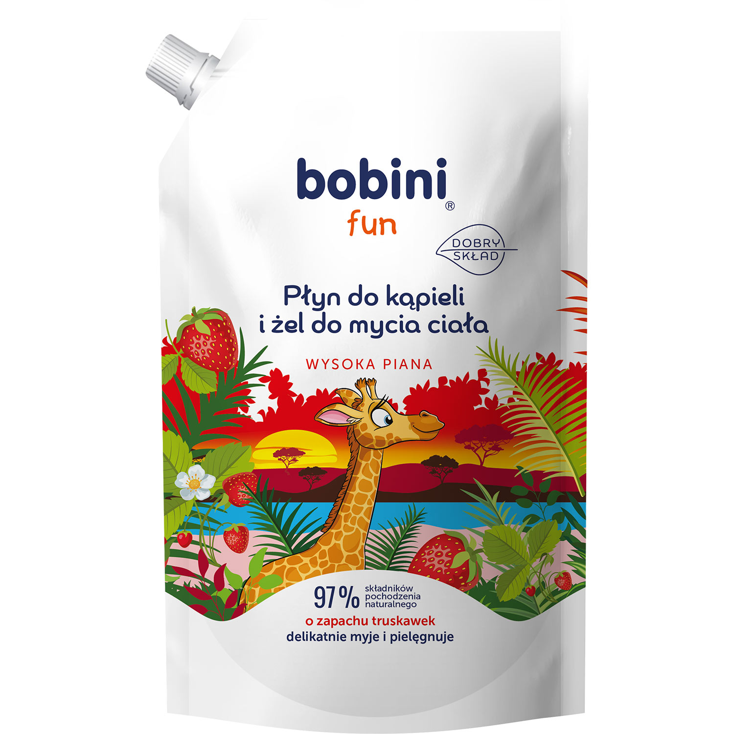 Bobini Bobini Fun, płyn do kąpieli i żel do mycia ciała, truskawkowy, zapas, 500 ml