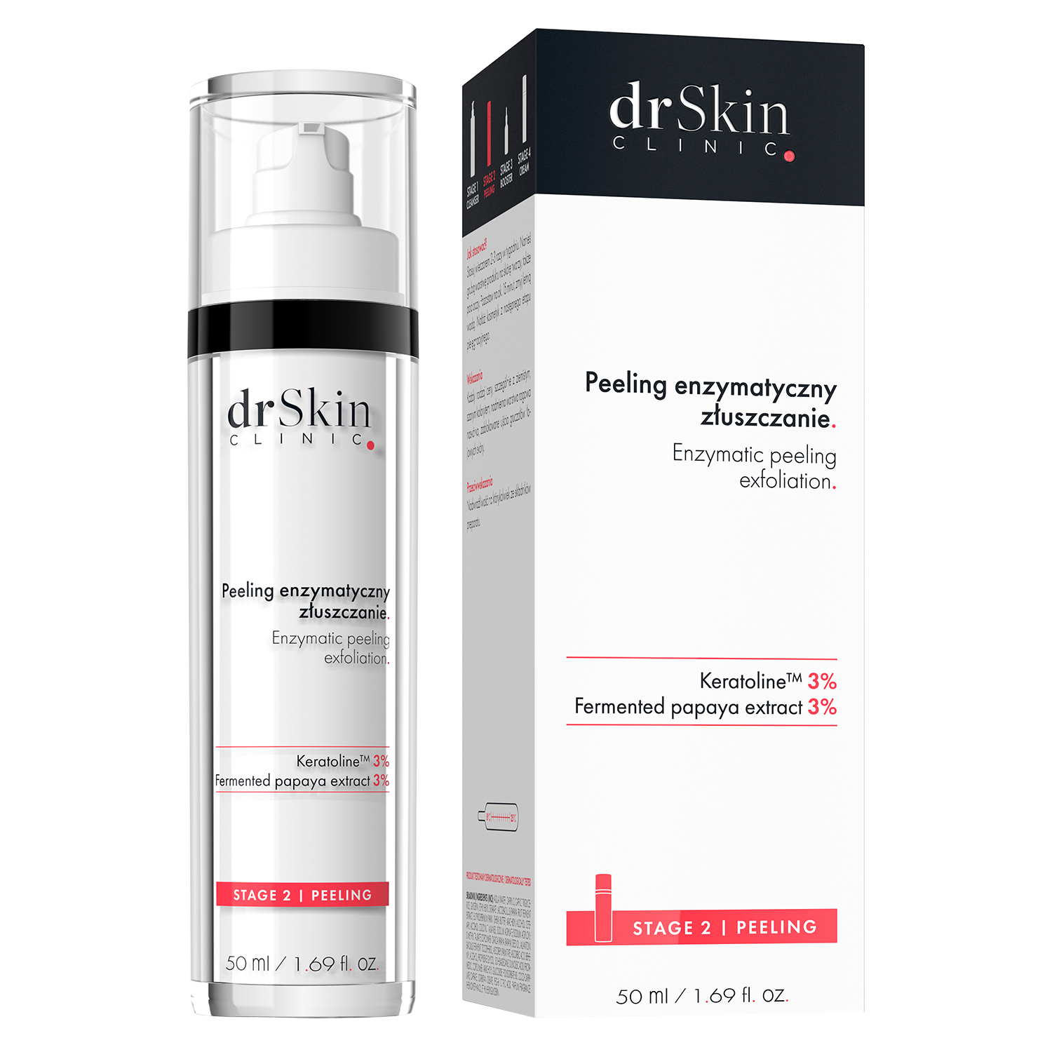 Dr Skin Clinic DrSkin Clinic, peeling enzymatyczny, Złuszczanie, keratoline 3%, fermentowany ekstrakt z papai 3%, 50 ml — Składniki i ocena